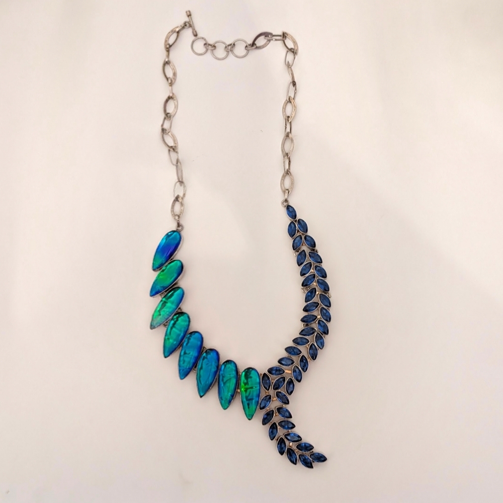 Gemstone Necklace, Blue and Green Opalescent Leaf Necklace,